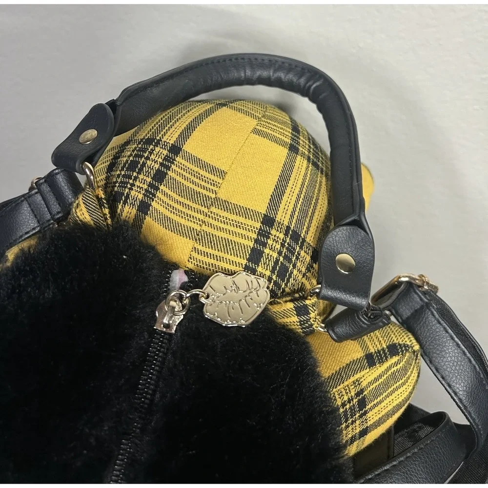 Betsy Johnson Luv Betsy Yellow Cat Plush Backpack Medium Plaid Preppy Y2K Trend